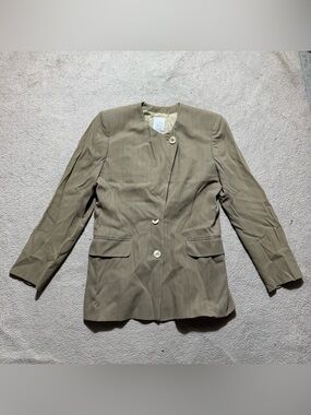 Joan & David Jacket Womens 10 (44) Beige Blazer Button Up Cross Neck Virgin Wool